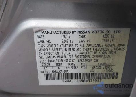 2006 Nissan Altima S/Sl z USA, uszkodzony, nr VIN 1N4AL11D86N313057